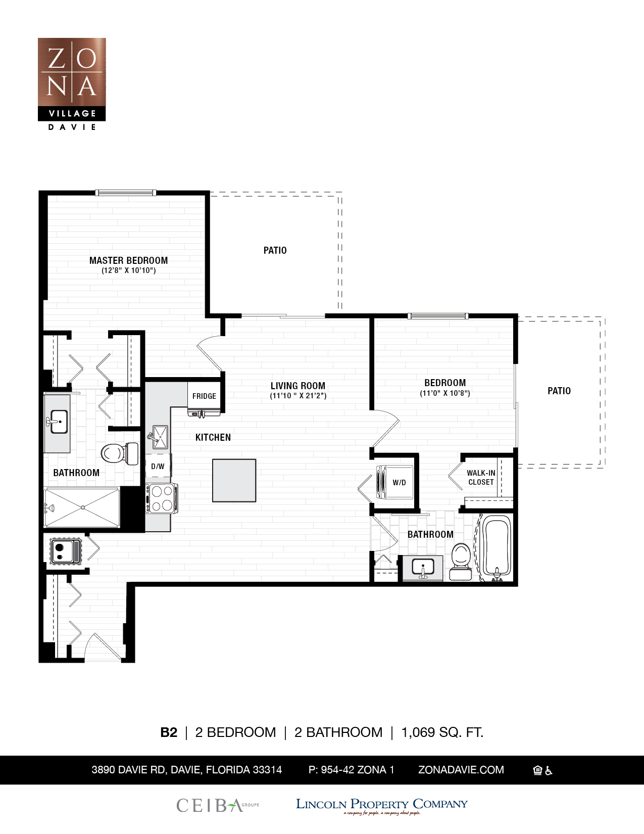 Floor plan for 2 beds, 2 baths, 1069 sqft